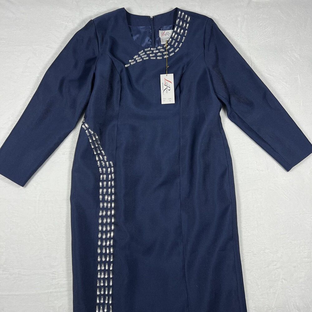 Lisa Rene Womens 16 Navy Formal Dress Rhinestone Embellished Long Sleeve NWT